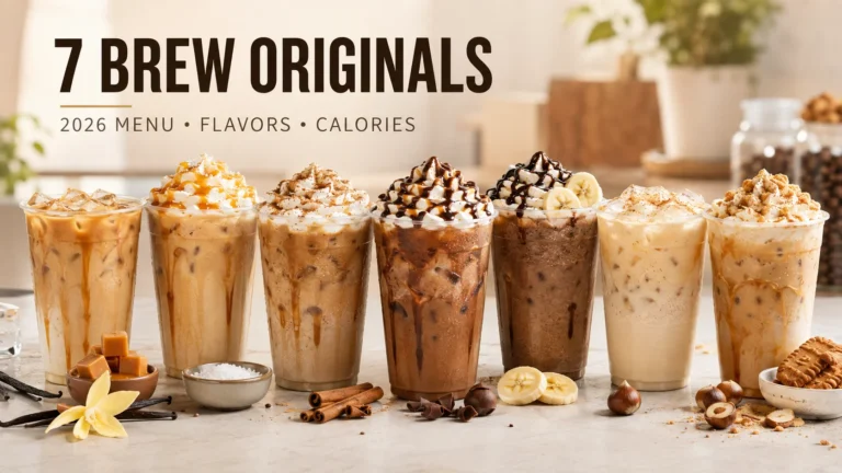 7 Brew Originals 2026 menu featuring Blondie, Brunette, Cookie Butter and signature coffee drinks