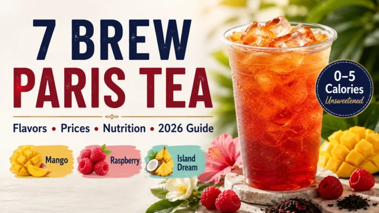 7 Brew Paris Tea guide showing flavors prices nutrition and unsweetened calorie information