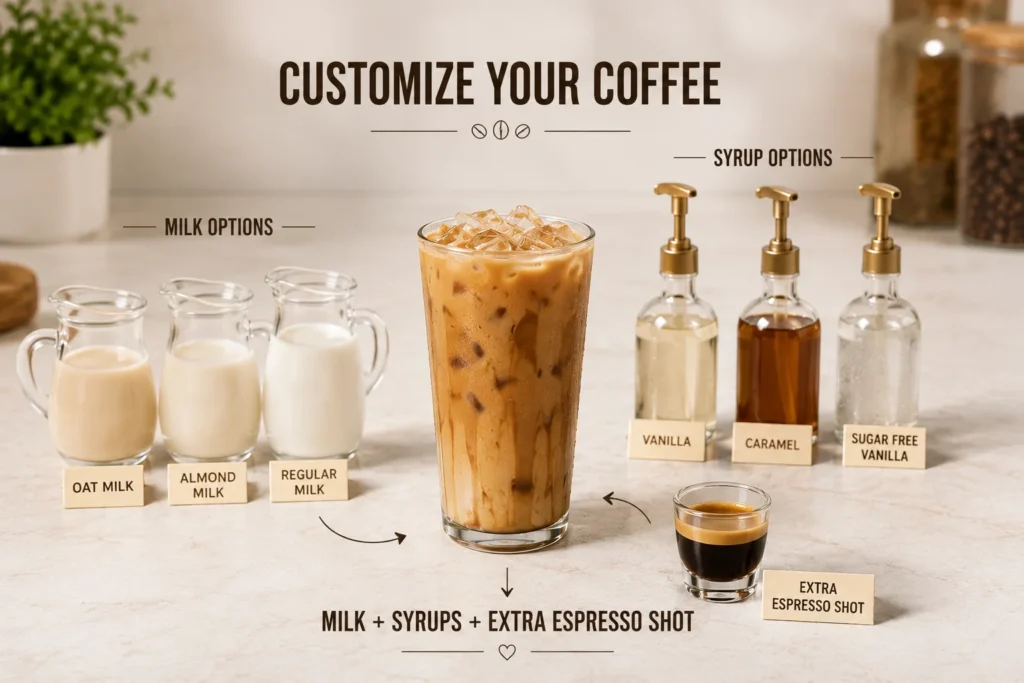 Customizing a 7 Brew coffee with milk, syrups, and extra espresso shots
