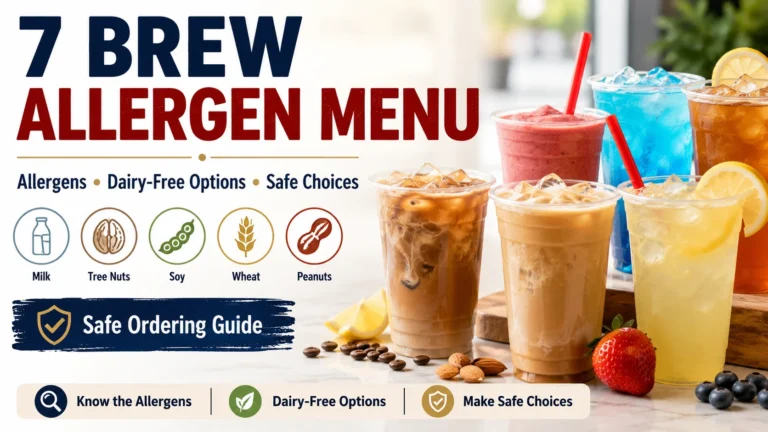7 Brew allergen menu guide showing milk tree nuts soy wheat peanuts and safe drink choices