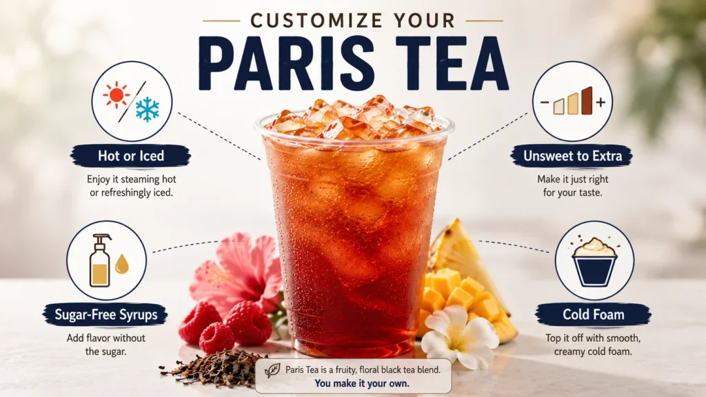 Paris Tea customization options including temperature sweetness syrups and cold foam
