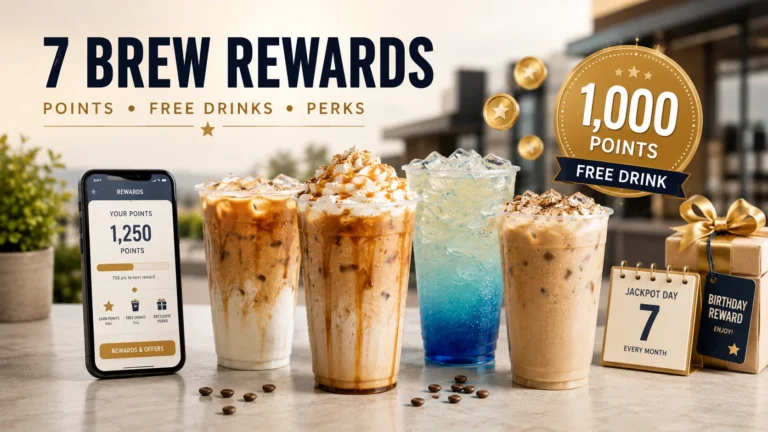 7 Brew Rewards points, free drinks, Jackpot Day and birthday perks