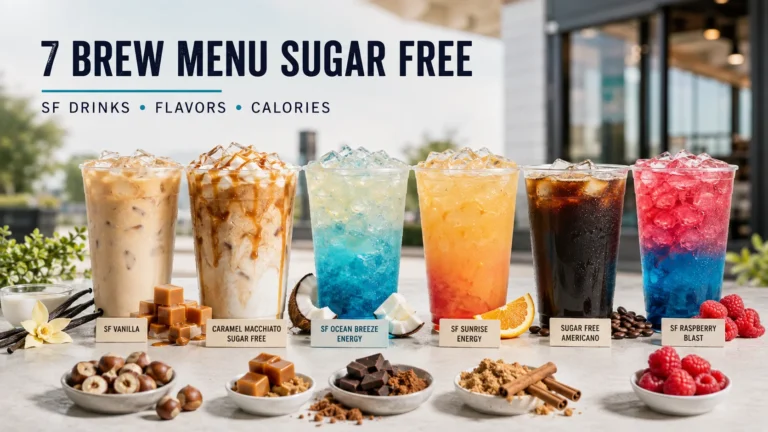 7 Brew sugar-free menu featuring coffee, energy drinks, syrups, and low-sugar options