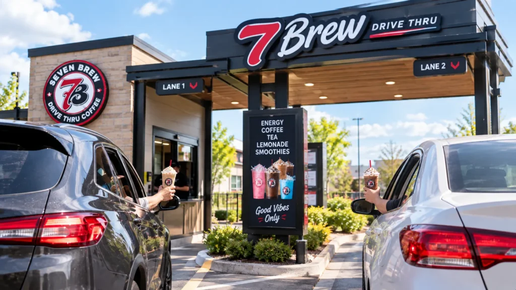 Two cars ordering drinks together at a 7 Brew double drive-thru