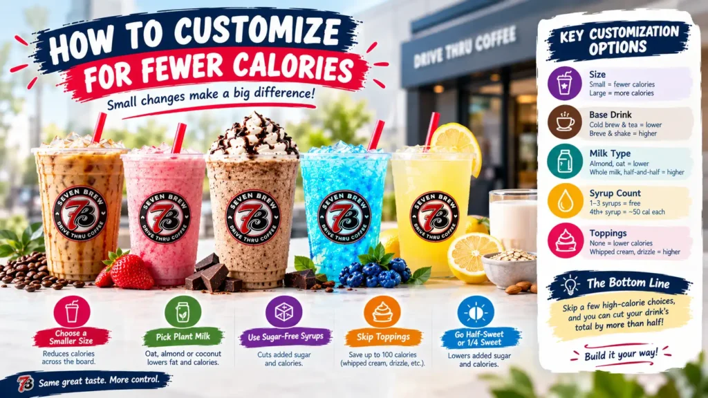 7 Brew low calorie customization options with smaller sizes, plant milk, sugar-free syrups, and fewer toppings