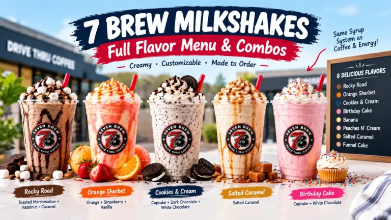 7 Brew milkshakes full flavor menu featuring Rocky Road, Orange Sherbet, Cookies & Cream, Salted Caramel, and Birthday Cake