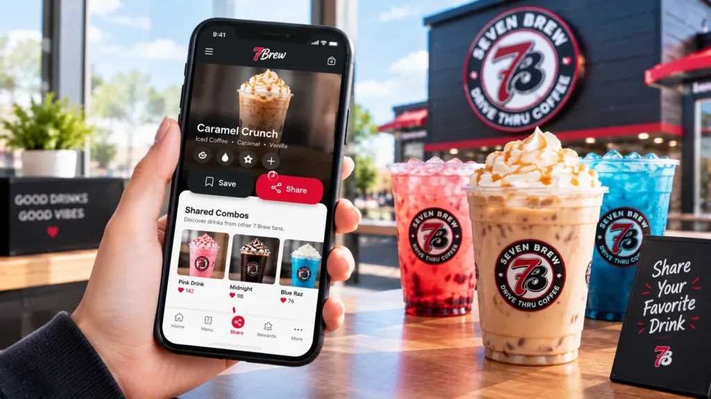 7 Brew app showing how customers can save and share custom drink combinations
