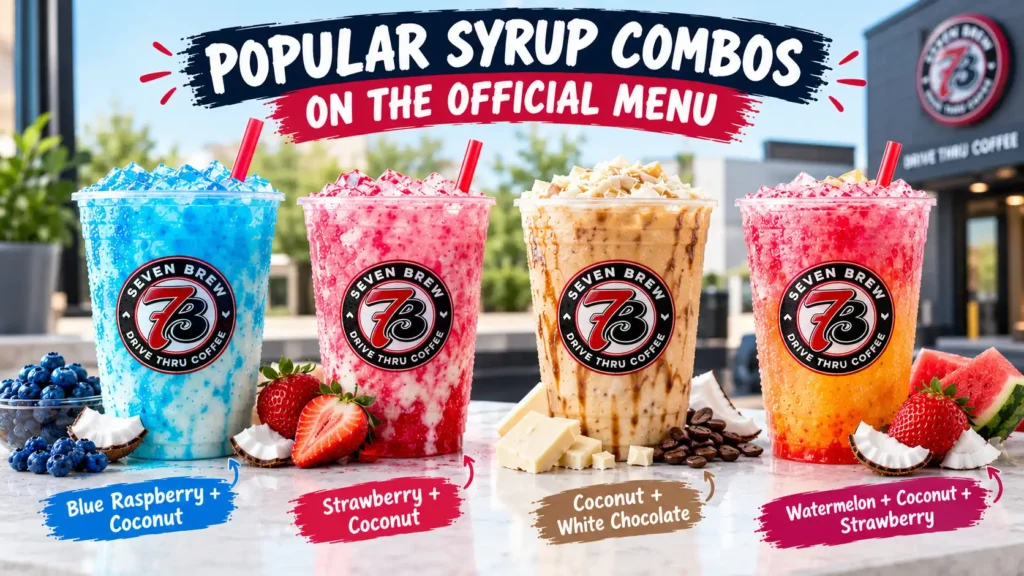 Popular 7 Brew syrup combos including blue raspberry coconut strawberry and white chocolate