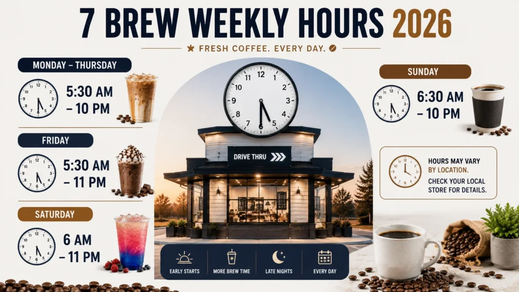 7 Brew weekly hours showing opening and closing times