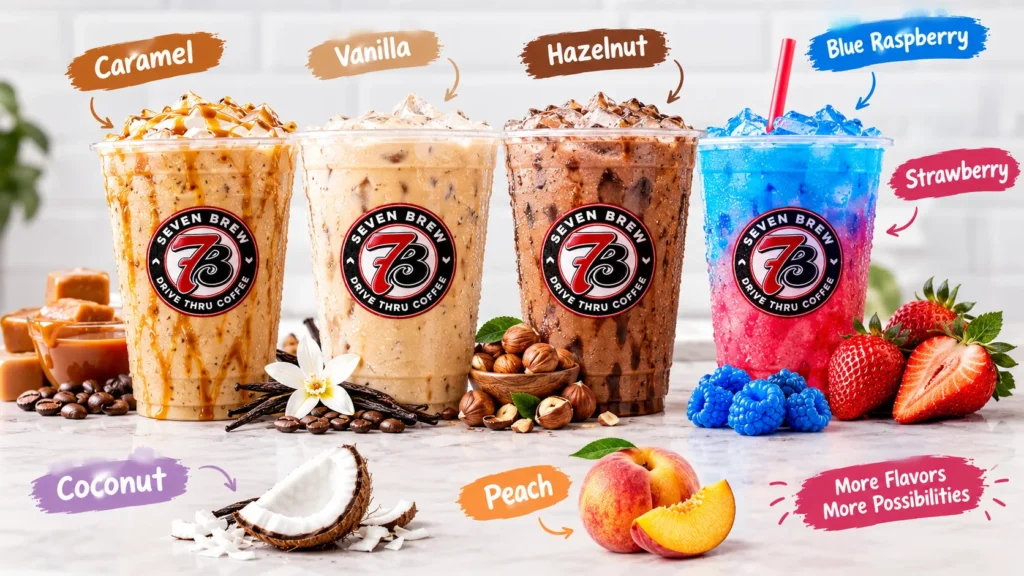 Popular 7 Brew syrup flavors including caramel vanilla coconut strawberry and peach
