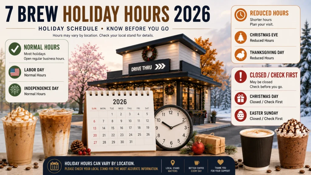 7 Brew holiday hours 2026 with reduced and closed holiday schedule
