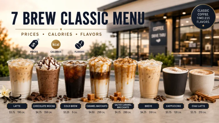 7 Brew Classic Menu featuring latte, mocha, cold brew, macchiato, breve and cappuccino drinks