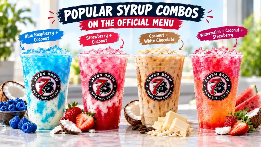 Popular 7 Brew syrup combinations with coconut strawberry blue raspberry and white chocolate