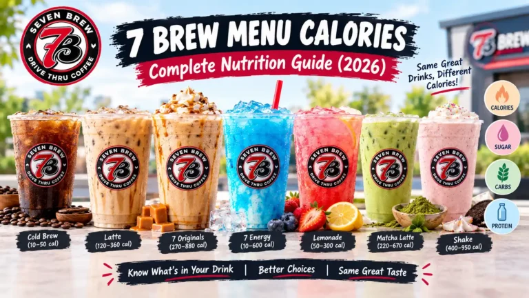 7 Brew menu calories and nutrition guide showing coffee, energy drinks, lemonade, tea, smoothies, and shakes