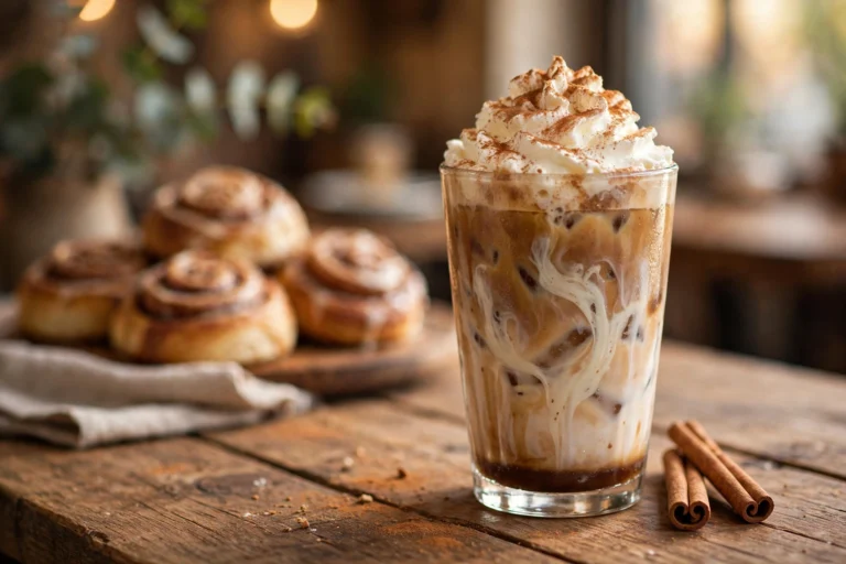 Iced 7 Brew Cinnamon Roll breve with whipped cream dusted in cinnamon, cinnamon rolls and cinnamon sticks on a wooden café table