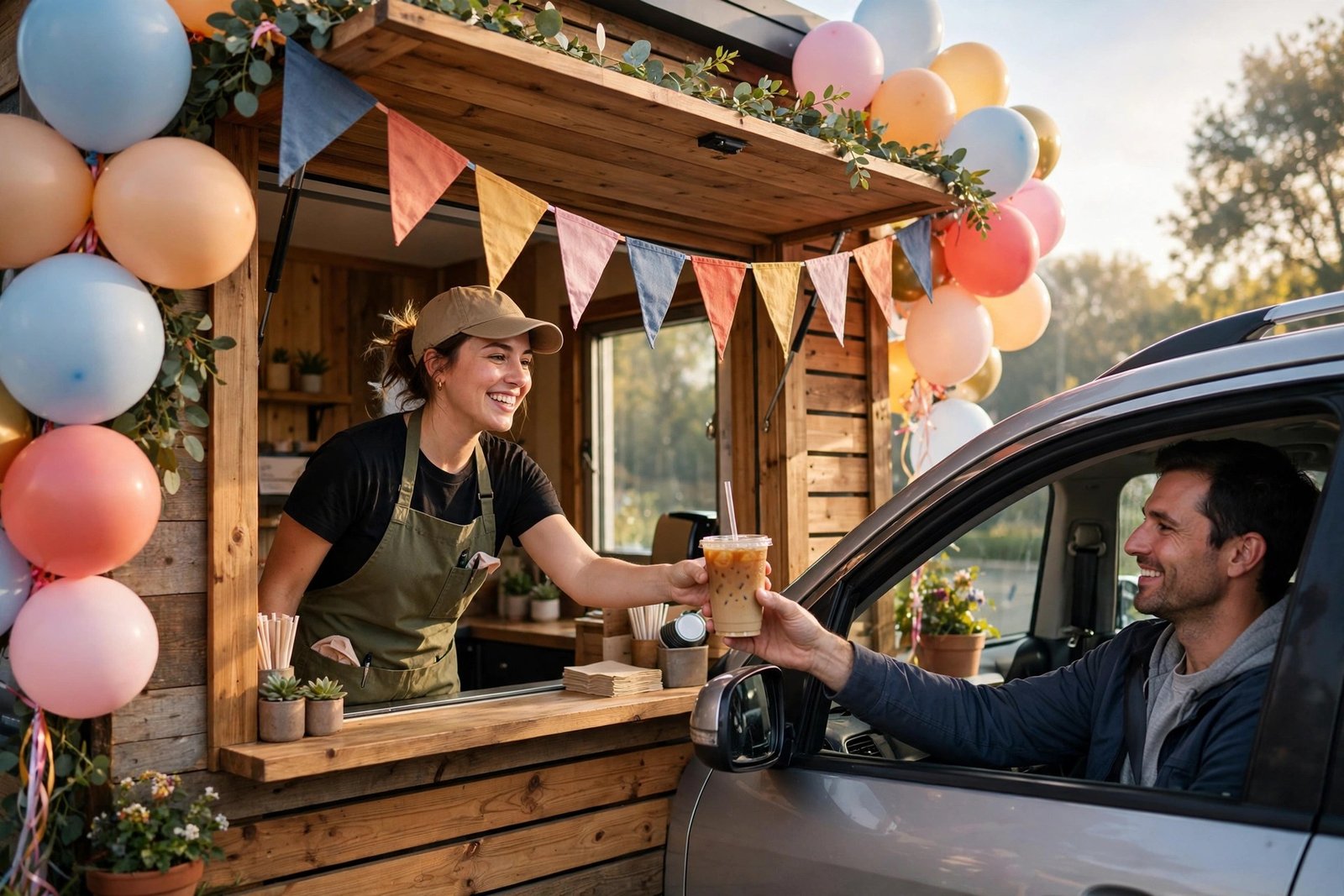 Barista handing an iced coffee to a customer at a 7 Brew grand opening celebration