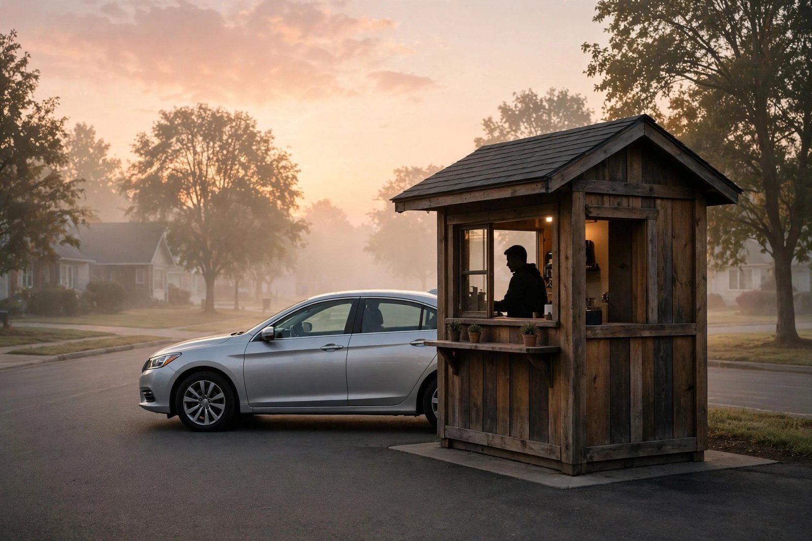 7 Brew stand serving a customer in the early morning