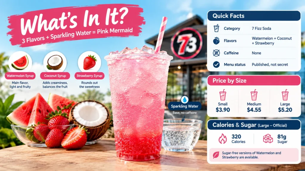 7 Brew Pink Mermaid ingredients with watermelon, coconut, strawberry and sparkling water, plus price and calorie facts