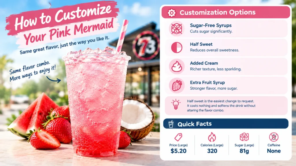 How to customize 7 Brew Pink Mermaid with sugar-free syrups, half sweet, cream and extra fruit syrup