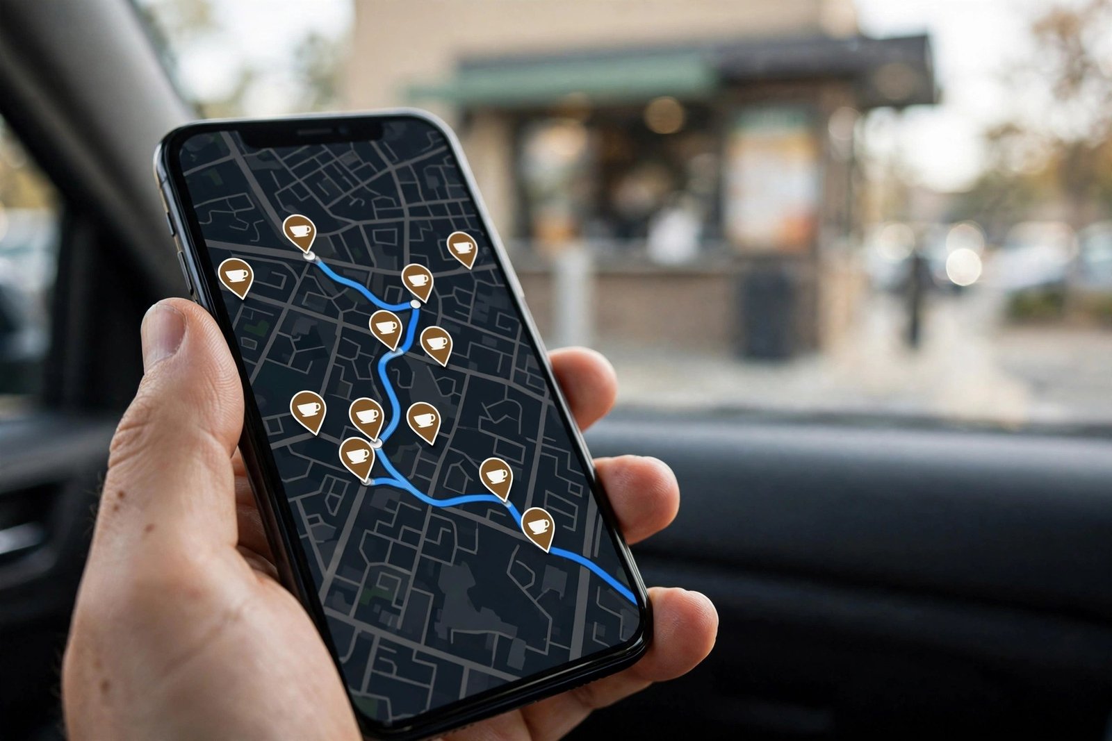 Person finding the nearest 7 Brew location on a smartphone map