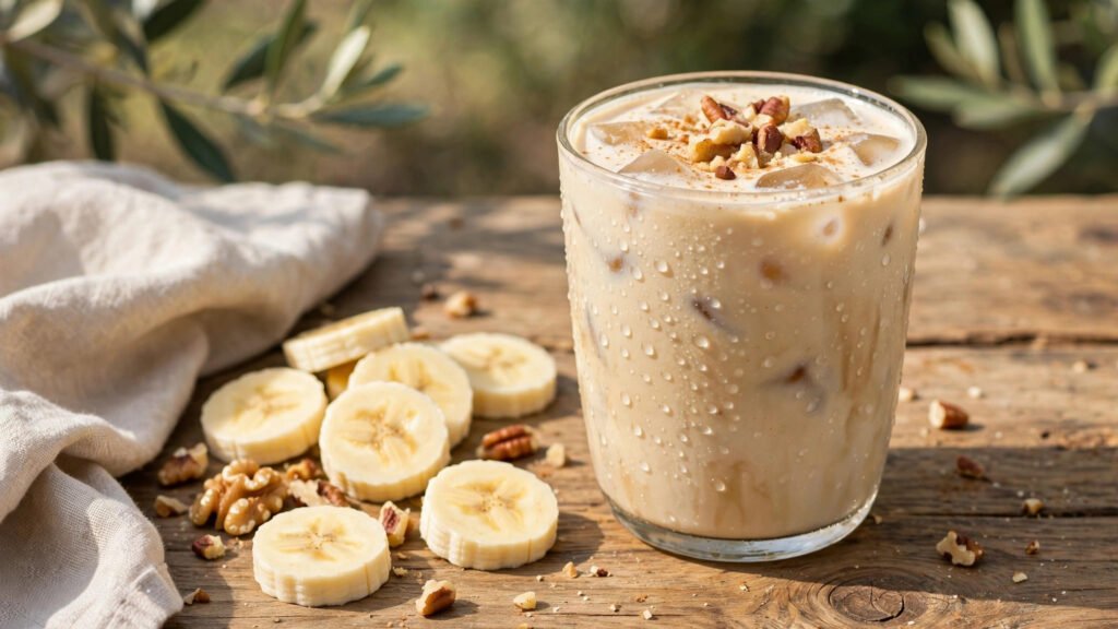 Iced banana bread Blondie coffee with banana slices
