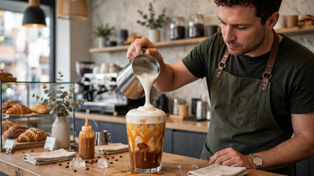 Iced caramel latte topped with cold foam and caramel drizzle