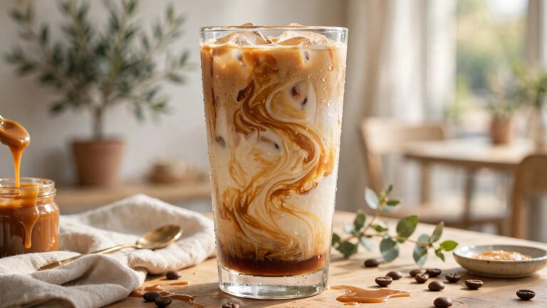 Iced 7 Brew Blondie with caramel drizzle in a clear glass