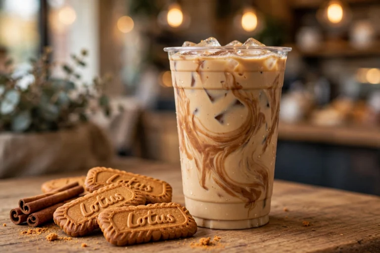Iced 7 Brew Cookie Butter latte with Biscoff cookies and cinnamon sticks