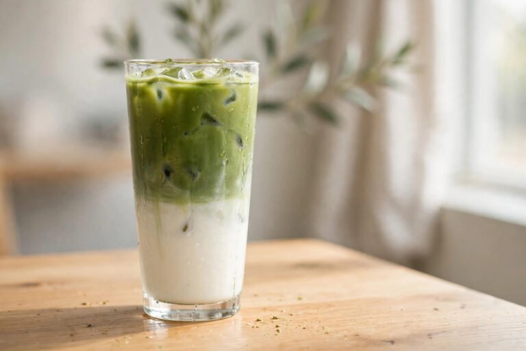 Iced matcha latte with layered green matcha and milk